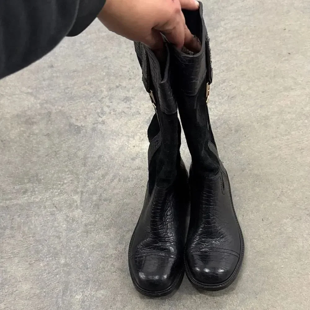 Tory Burch Black Leather and Suede Moto Boots